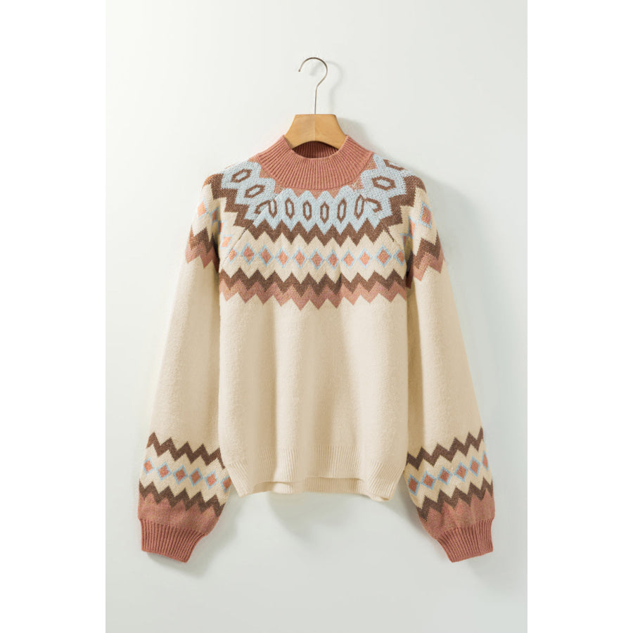 Geometric Mock Neck Long Sleeve Sweater Apparel and Accessories