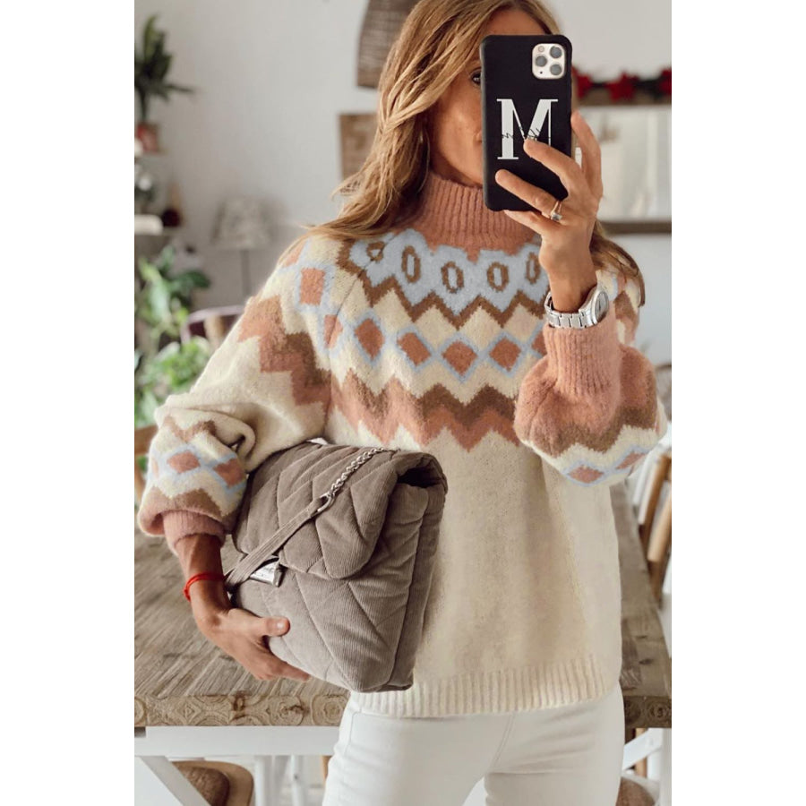Geometric Mock Neck Long Sleeve Sweater Apparel and Accessories