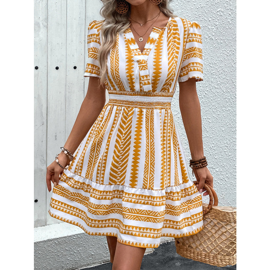 Geometric Notched Short Sleeve Mini Dress Apparel and Accessories
