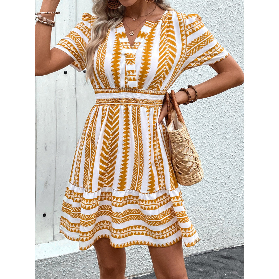 Geometric Notched Short Sleeve Mini Dress Apparel and Accessories