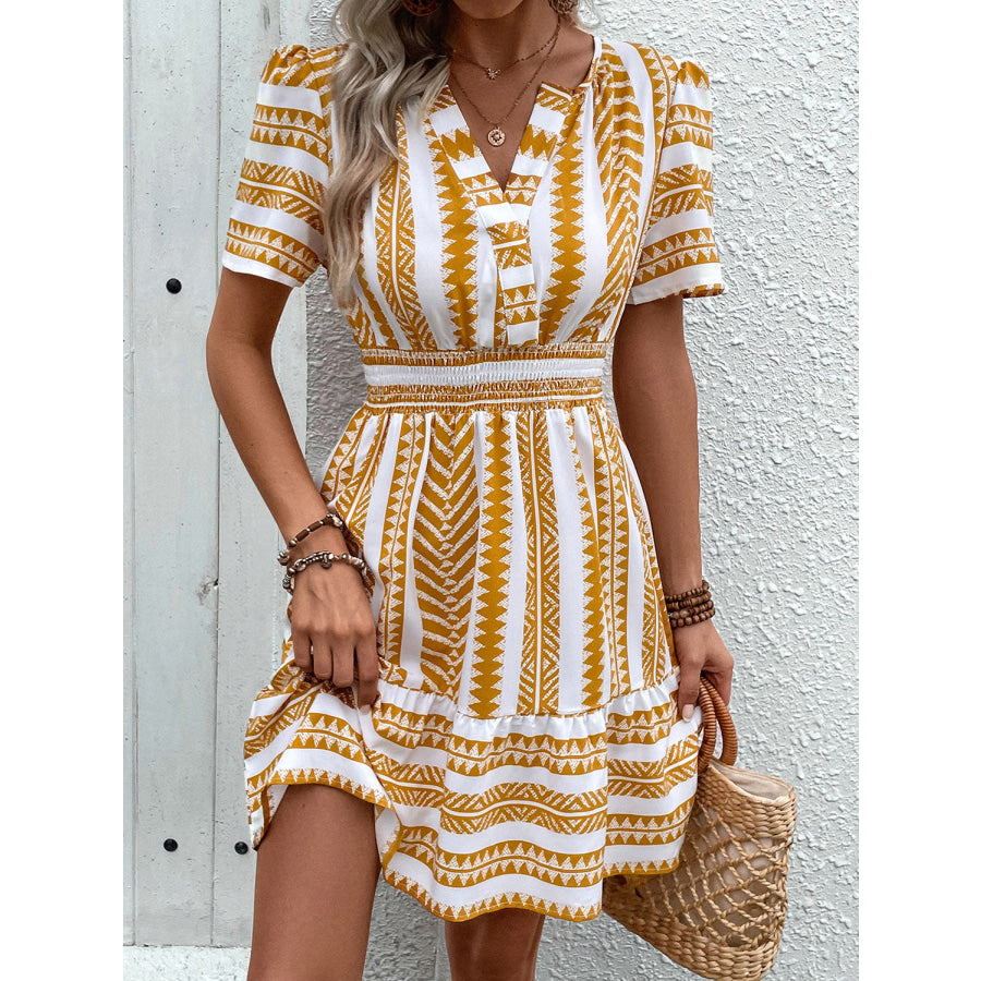 Geometric Notched Short Sleeve Mini Dress Apparel and Accessories