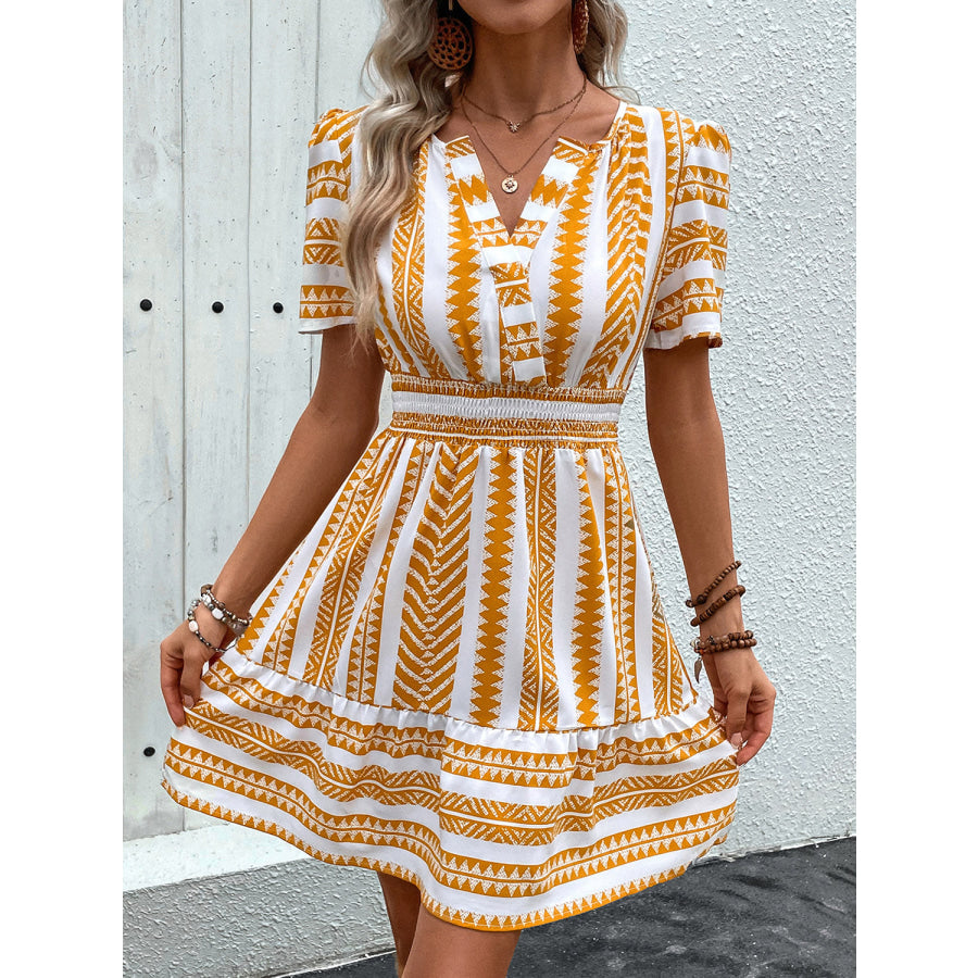 Geometric Notched Short Sleeve Mini Dress Apparel and Accessories