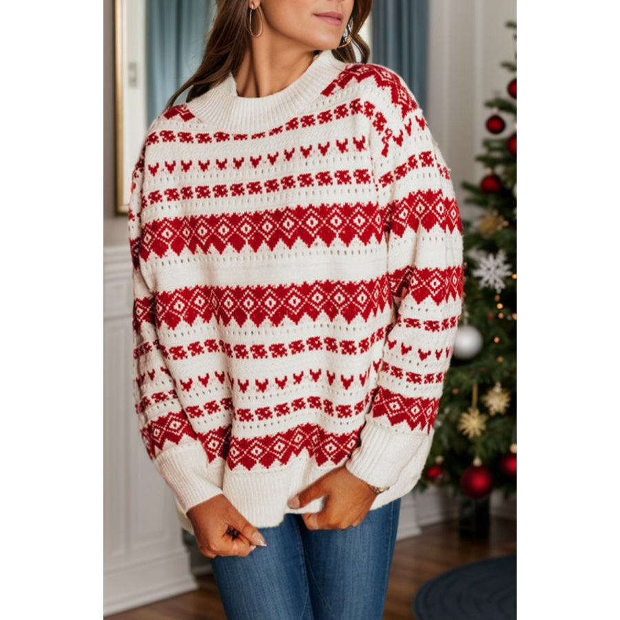 Geometric Round Neck Dropped Shoulder Sweater White / S Apparel and Accessories