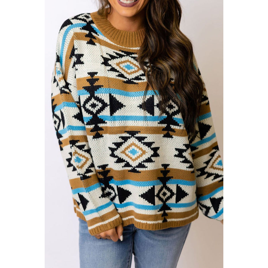 Geometric Round Neck Long Sleeve Sweater Apparel and Accessories