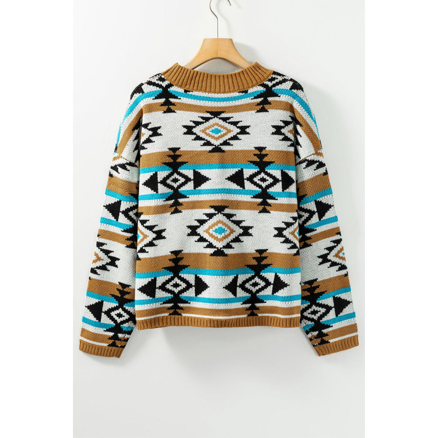 Geometric Round Neck Long Sleeve Sweater Apparel and Accessories