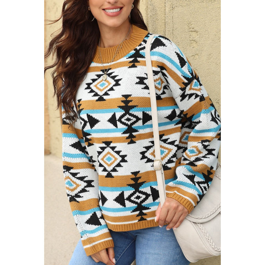 Geometric Round Neck Long Sleeve Sweater Camel / S Apparel and Accessories