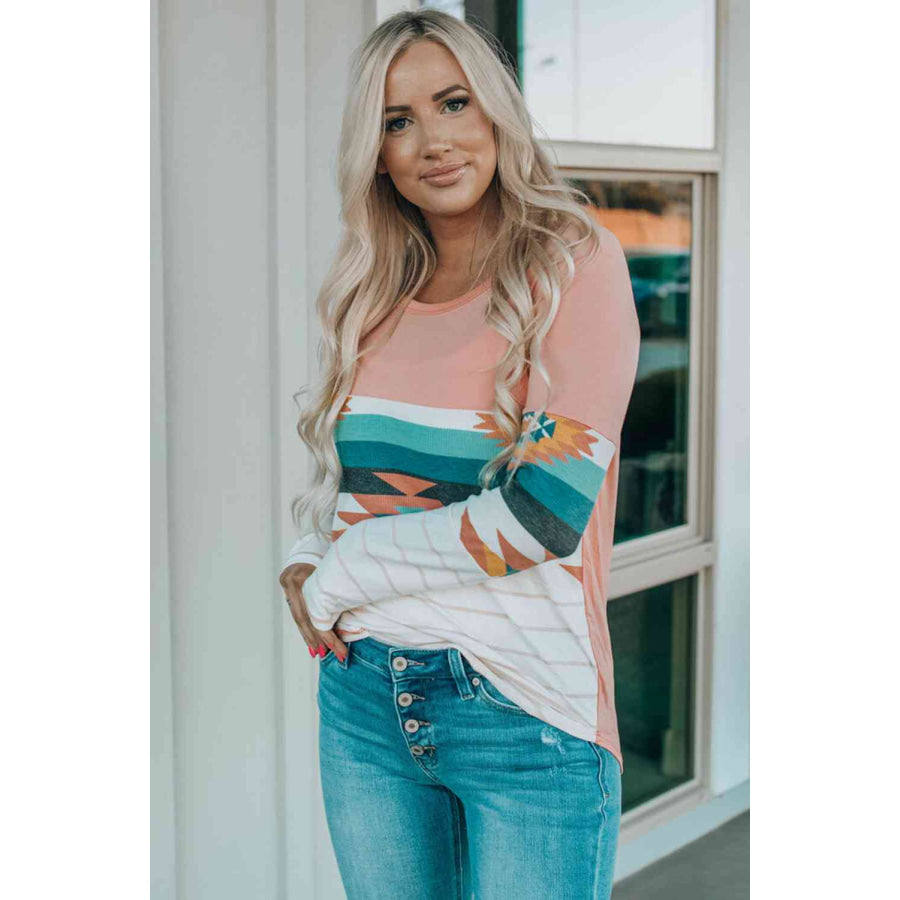 Geometric Round Neck Long Sleeve T - Shirt Apparel and Accessories