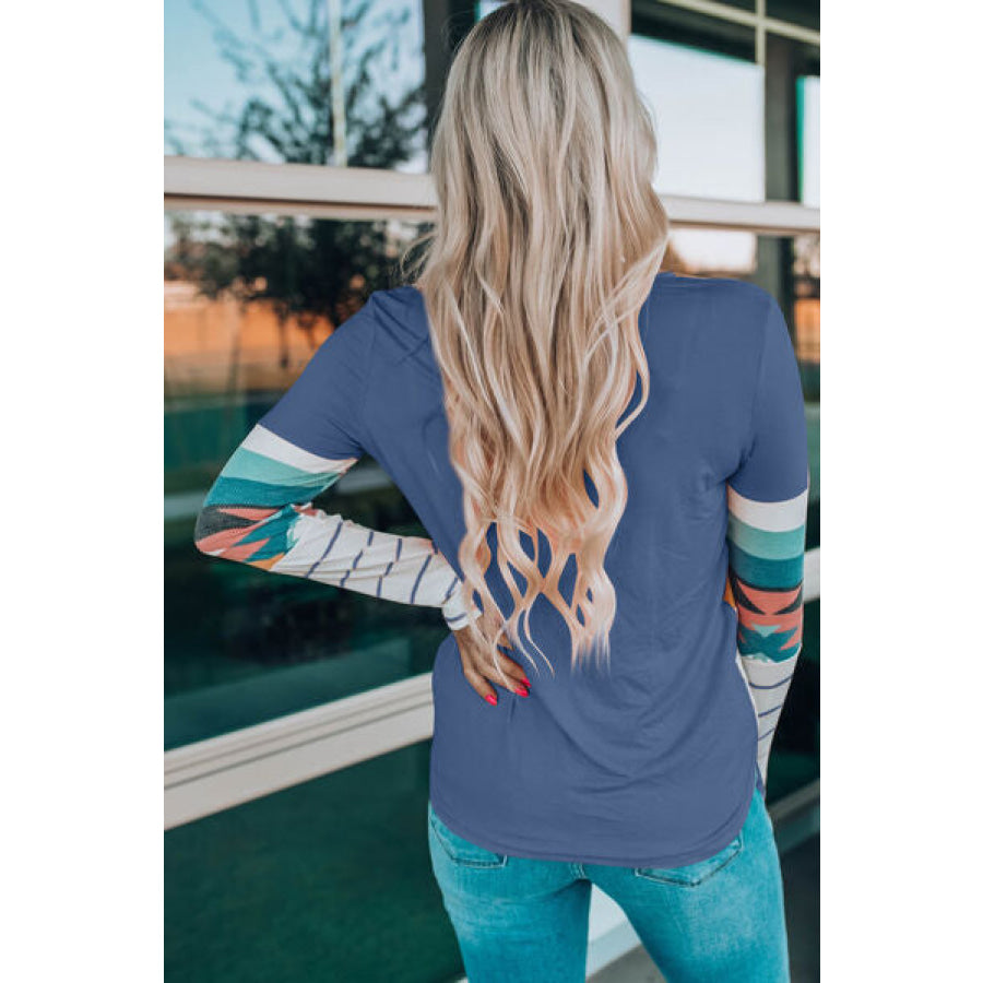 Geometric Round Neck Long Sleeve T - Shirt Apparel and Accessories