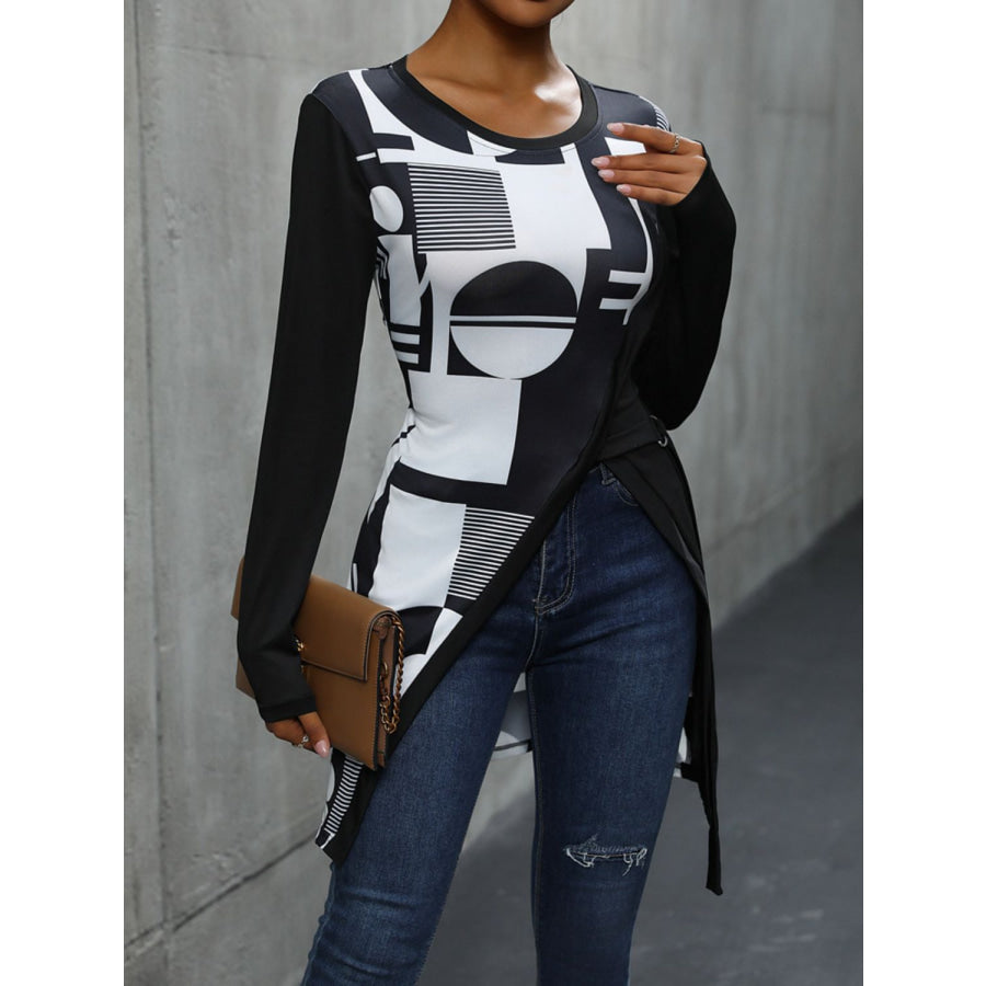 Geometric Round Neck Long Sleeve T-Shirt Black / M Apparel and Accessories