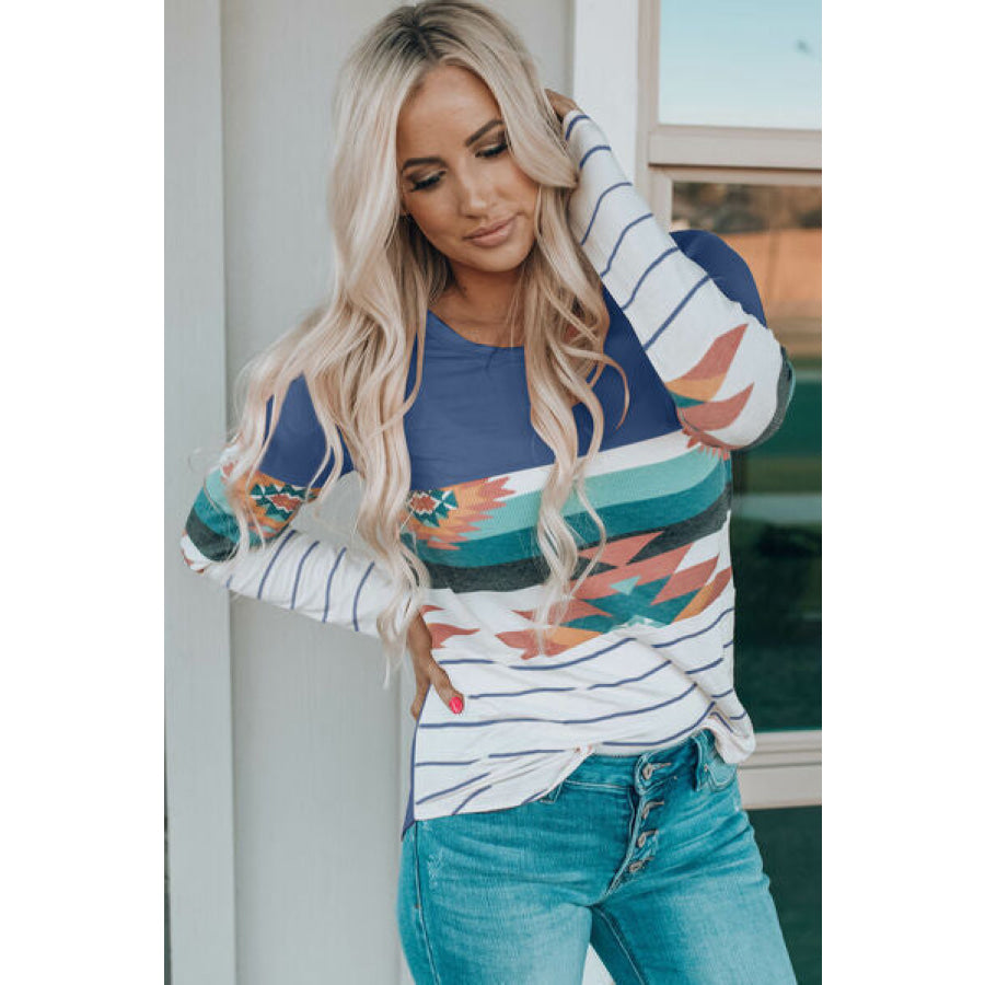 Geometric Round Neck Long Sleeve T - Shirt French Blue / S Apparel and Accessories