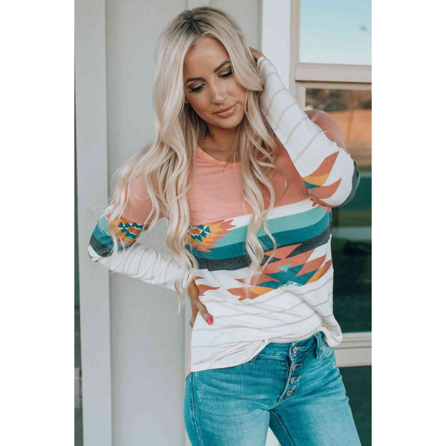 Geometric Round Neck Long Sleeve T - Shirt Pink / S Apparel and Accessories