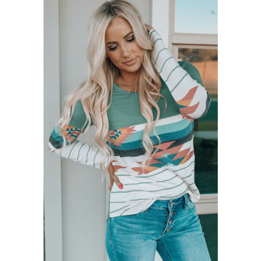 Geometric Round Neck Long Sleeve T - Shirt Sage / S Apparel and Accessories