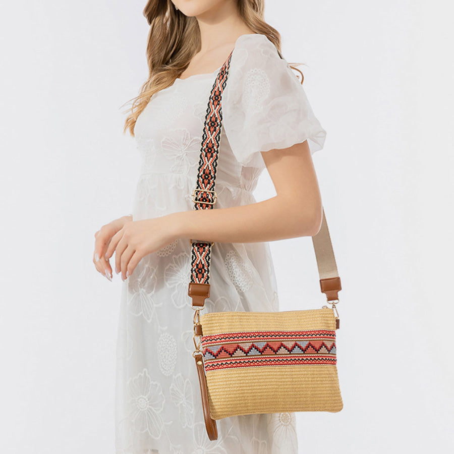 Geometric Straw Weave Crossbody Bag Sand / One Size Apparel and Accessories