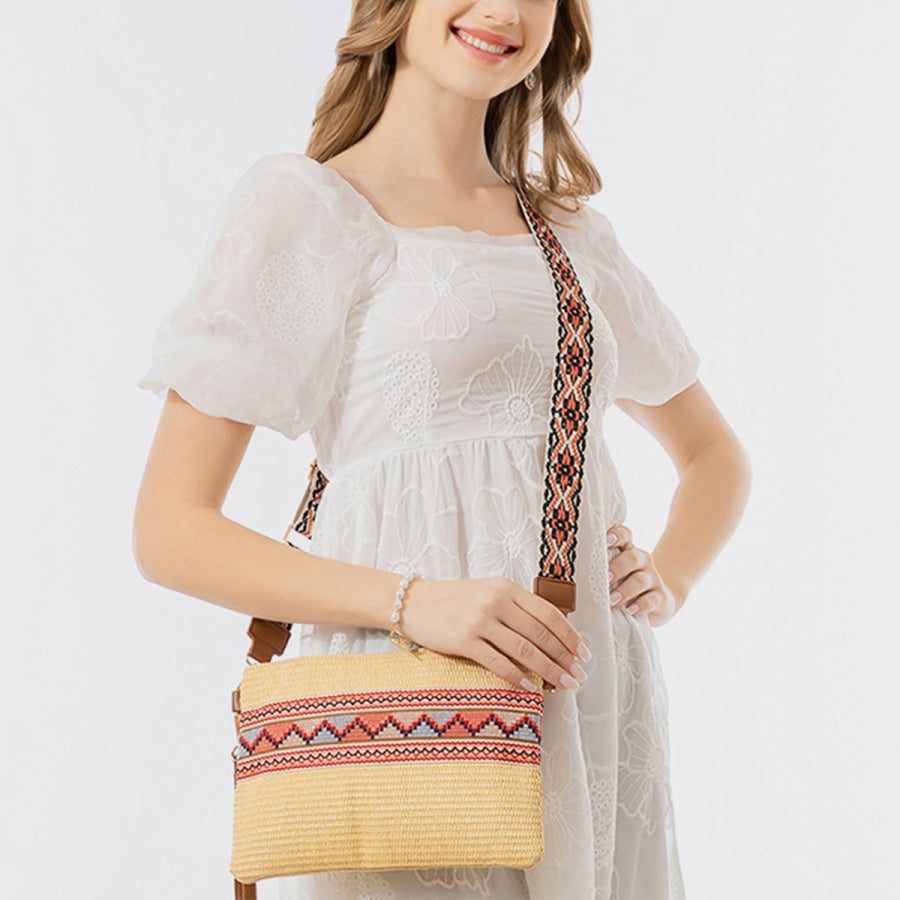 Geometric Straw Weave Crossbody Bag Sand / One Size Apparel and Accessories