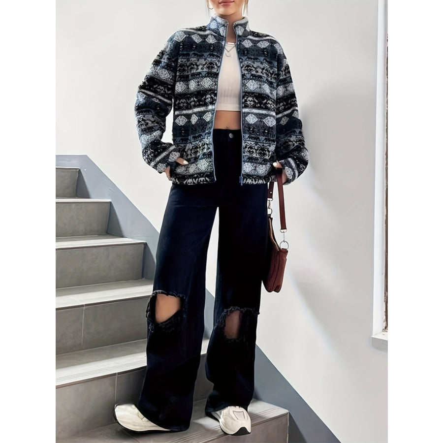 Geometric Turtleneck Zip Up Jacket Apparel and Accessories