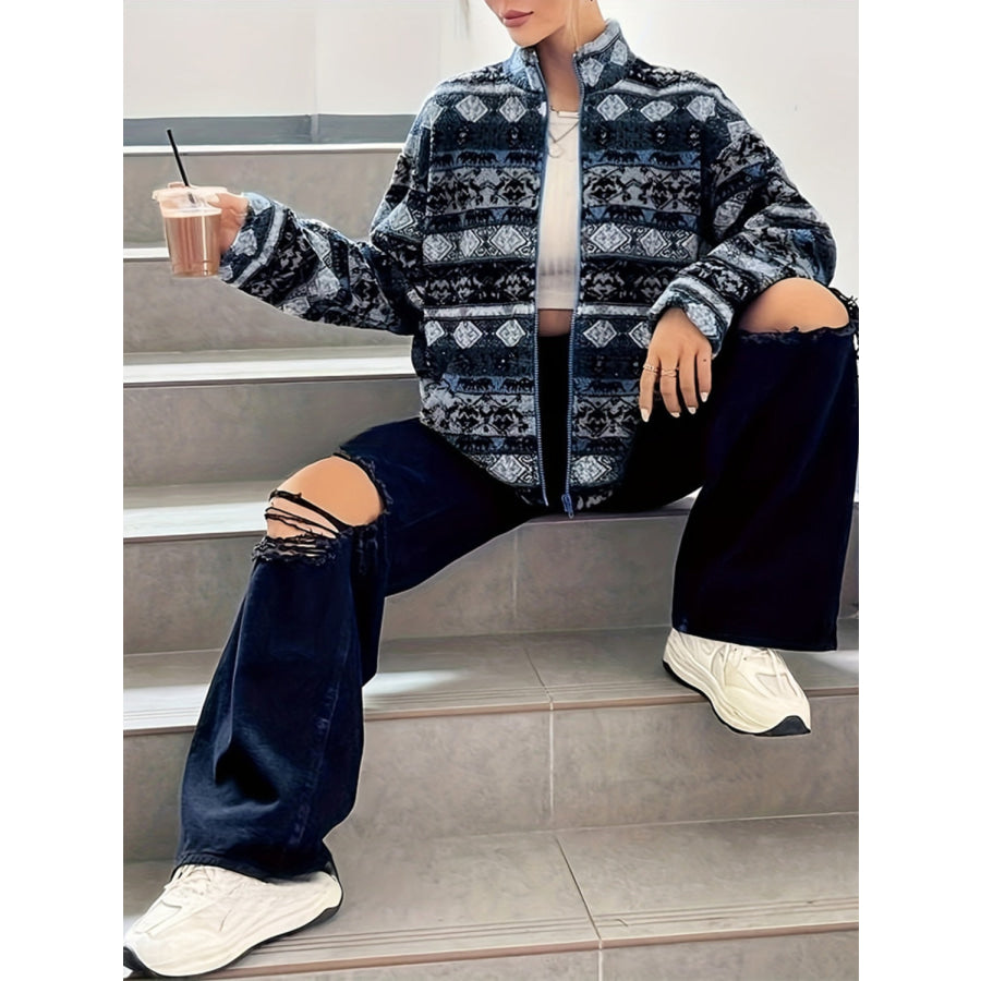 Geometric Turtleneck Zip Up Jacket Apparel and Accessories