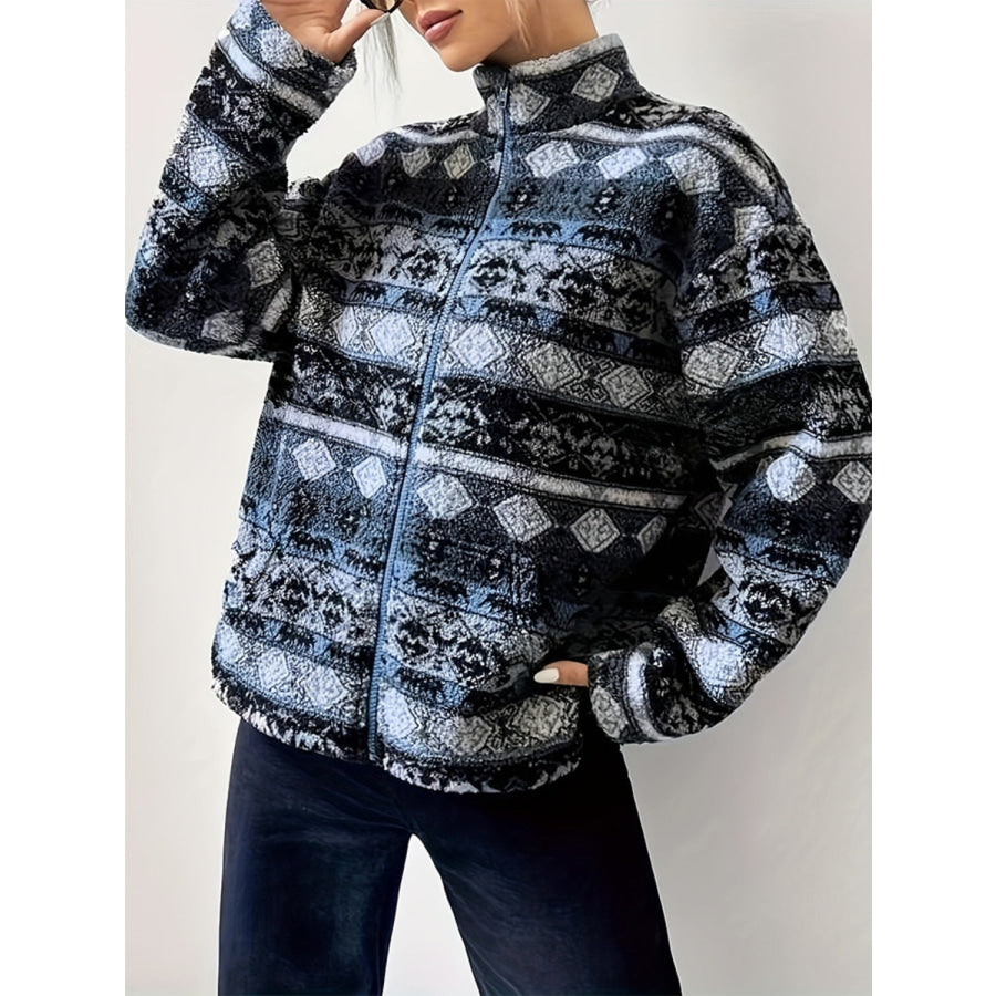 Geometric Turtleneck Zip Up Jacket Dark Blue / S Apparel and Accessories