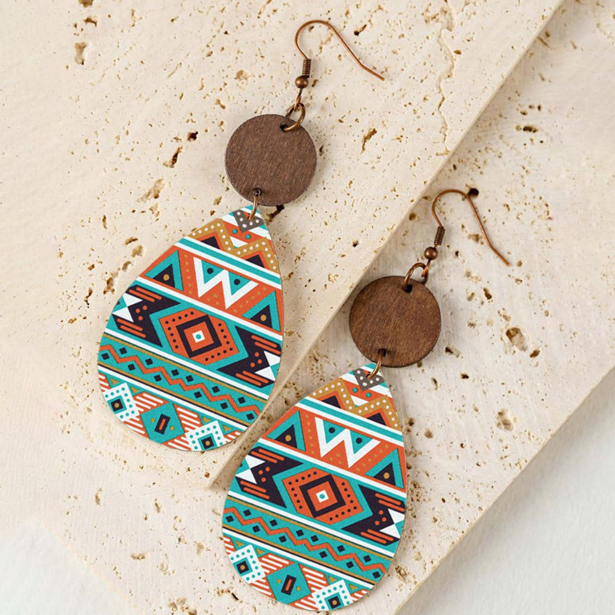 Geometric Wooden Teardrop Earrings Multicolor / One Size Apparel and Accessories