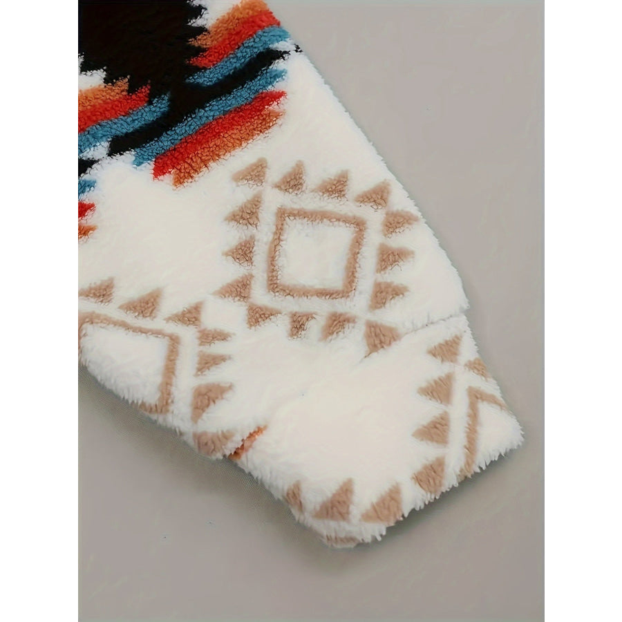 Geometric Zip Up Hooded Sherpa Jacket Apparel and Accessories