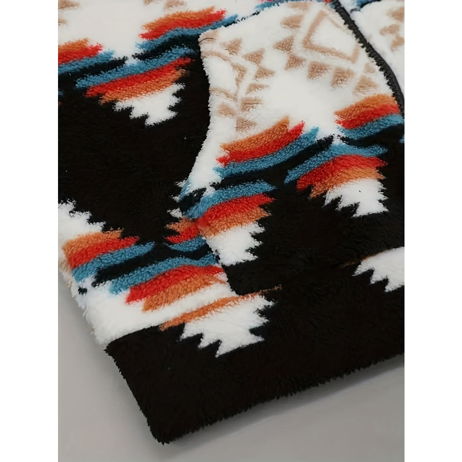 Geometric Zip Up Hooded Sherpa Jacket Apparel and Accessories