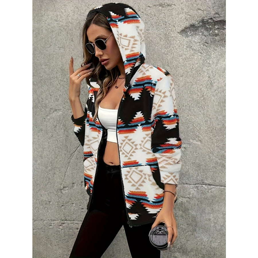 Geometric Zip Up Hooded Sherpa Jacket Apparel and Accessories