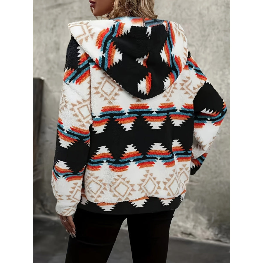 Geometric Zip Up Hooded Sherpa Jacket Apparel and Accessories