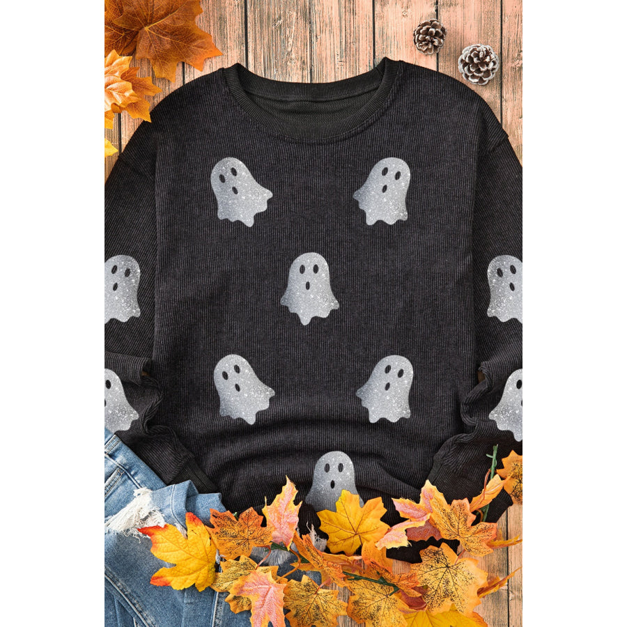 Glitter Ghost Round Neck Long Sleeve Sweatshirt Apparel and Accessories