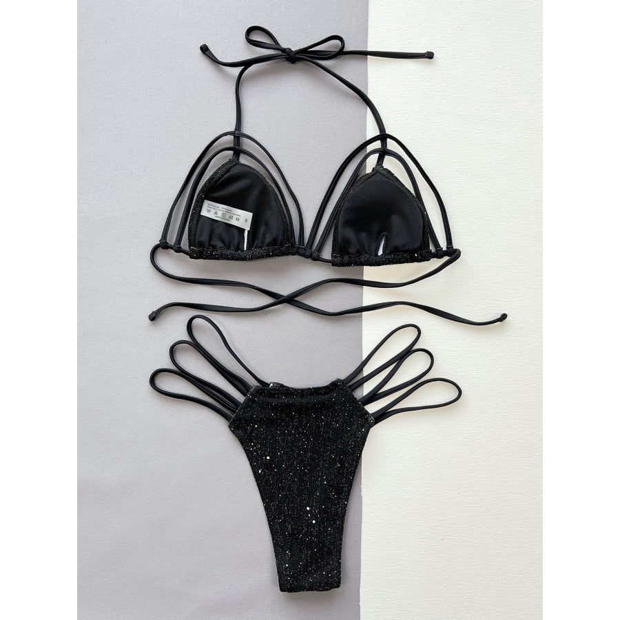 Glitter Halter Neck Strappy Two-Piece Bikini Set Apparel and Accessories
