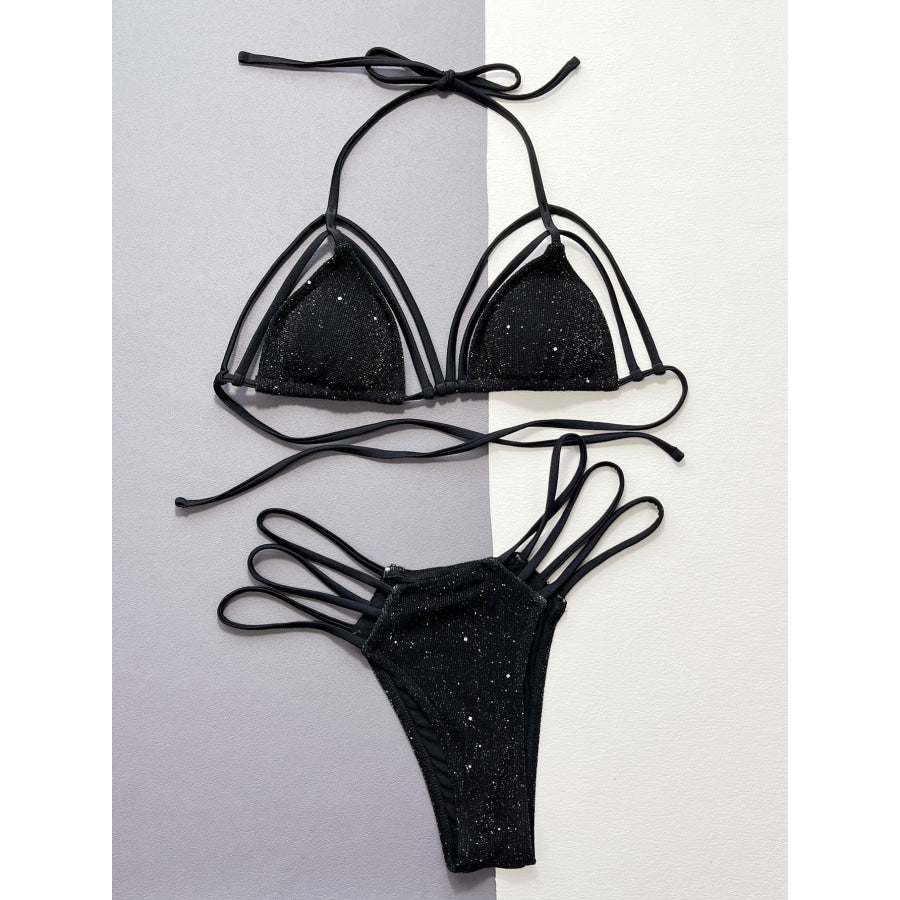 Glitter Halter Neck Strappy Two-Piece Bikini Set Apparel and Accessories