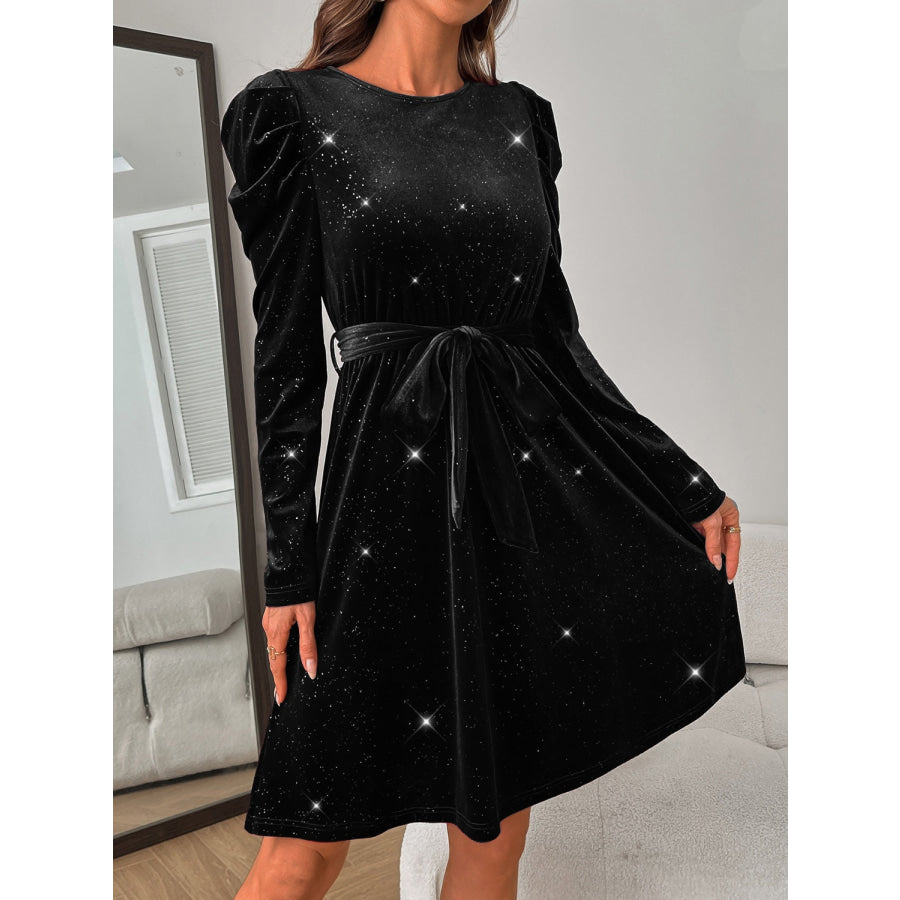 Glitter Round Neck Puff Sleeve Dress Apparel and Accessories