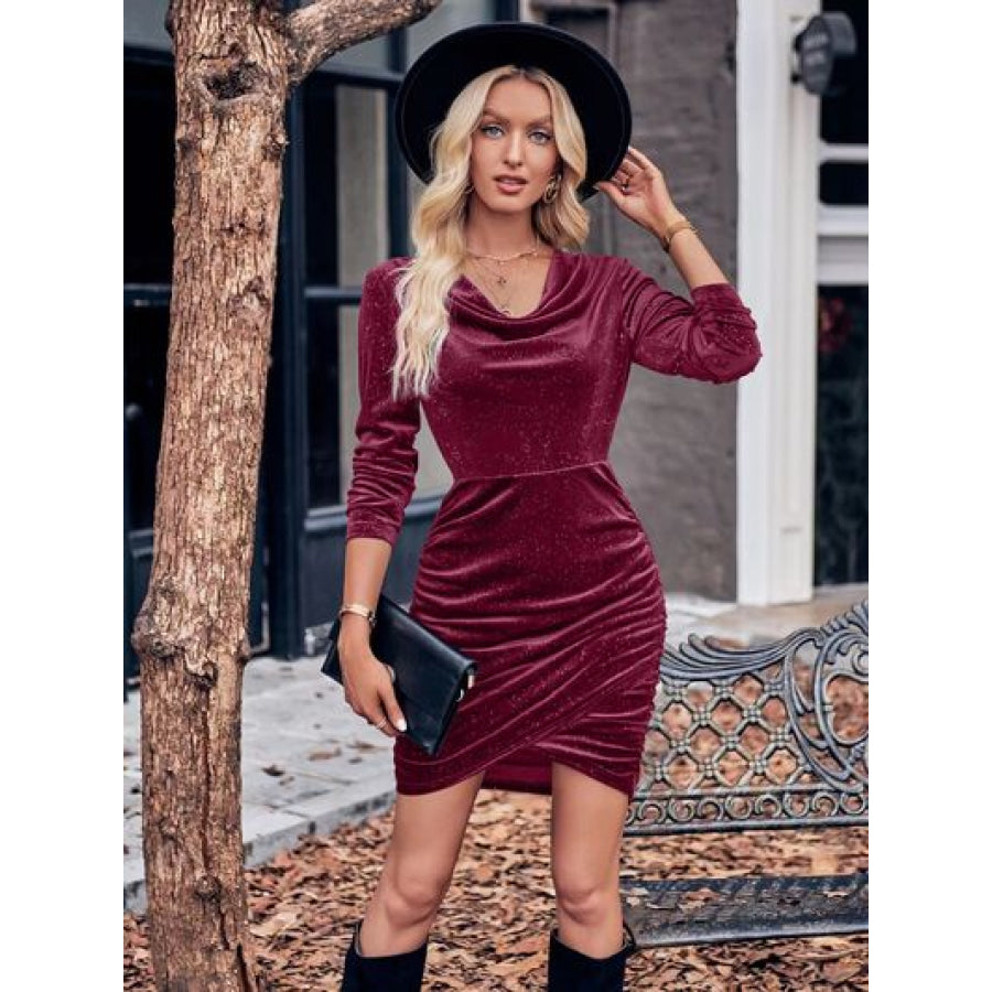 Glitter Ruched Cowl Neck Wrap Dress Magenta / S Apparel and Accessories