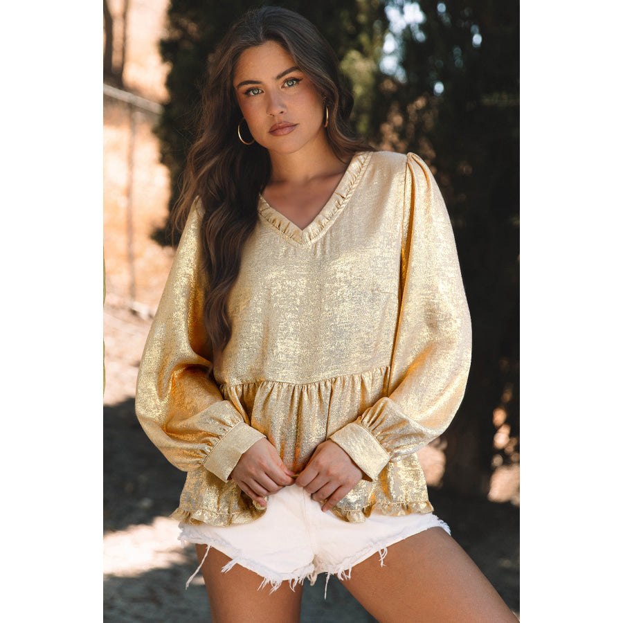 Gold Metallic Frilled V Neck Puff Sleeve Babydoll Blouse Tops/Blouses & Shirts