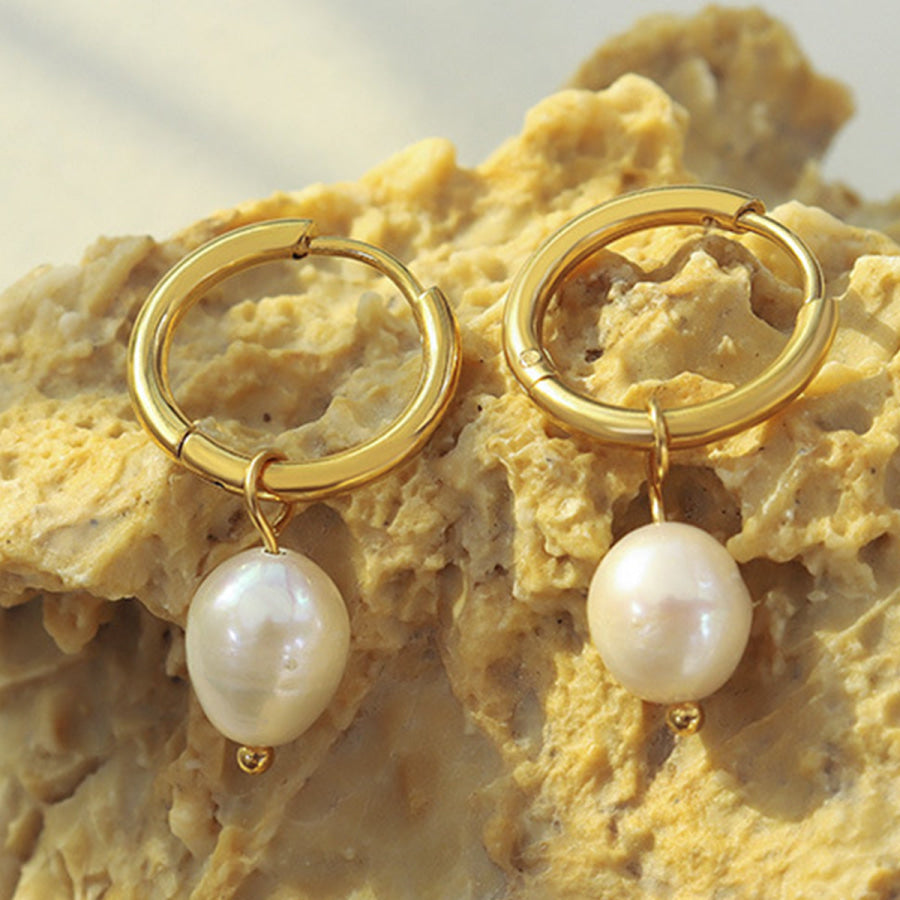 Gold - Plated Titanium Steel Pearl Earrings Gold / One Size Apparel and Accessories