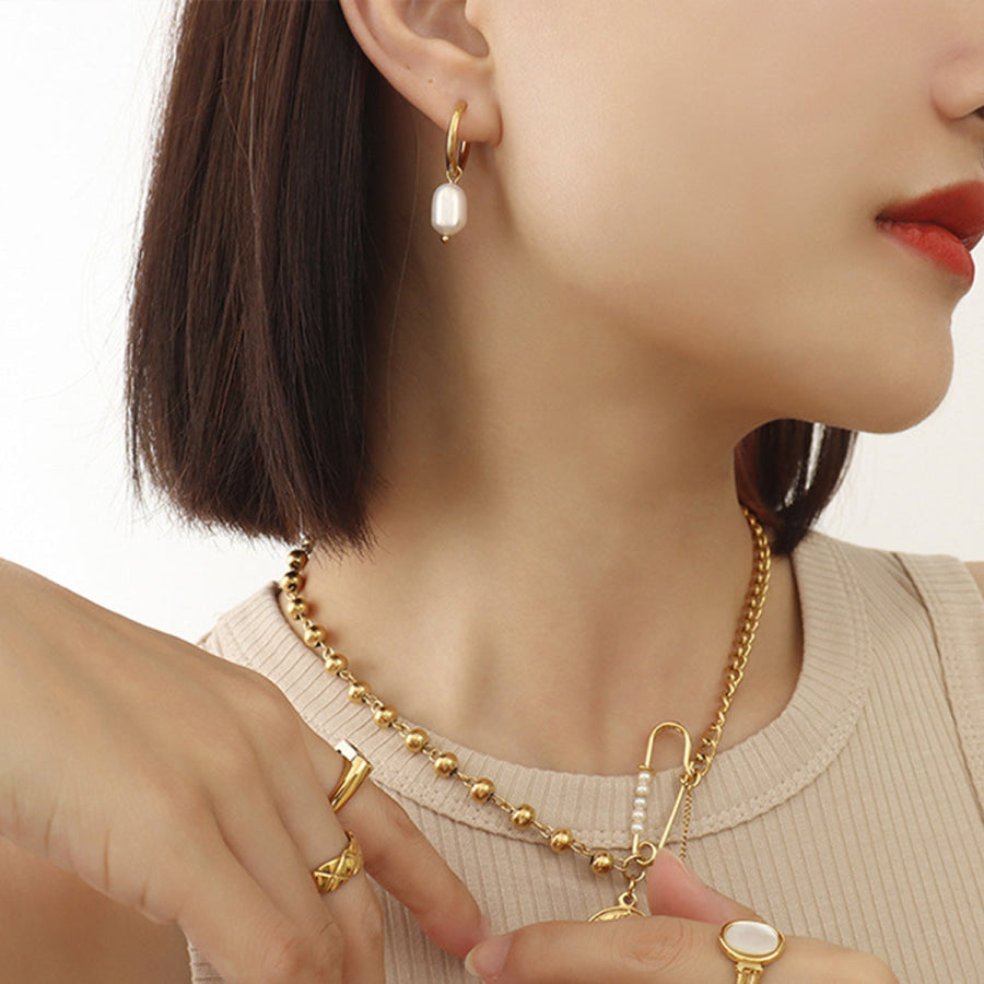 Gold - Plated Titanium Steel Pearl Earrings Gold / One Size Apparel and Accessories