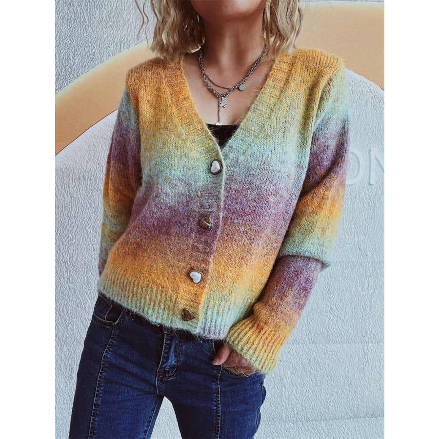 Gradient Heart Shape Button V-Neck Cardigan Multicolor / One Size Apparel and Accessories