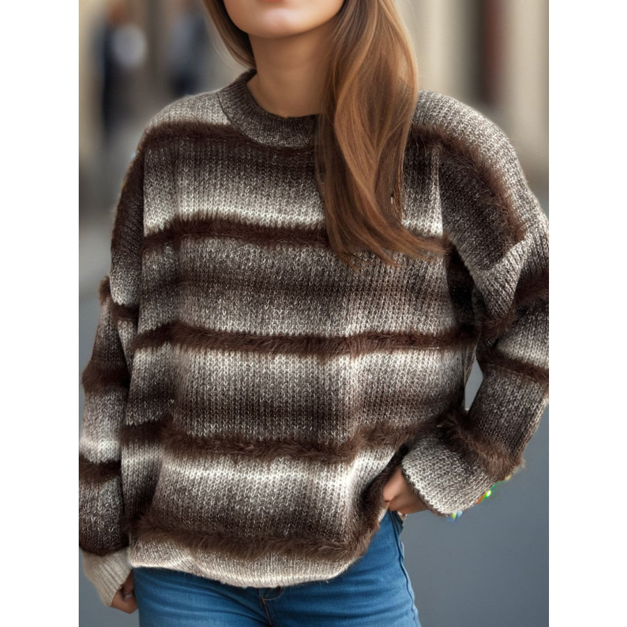 Gradient Round Neck Dropped Shoulder Sweater Brown / One Size Apparel and Accessories