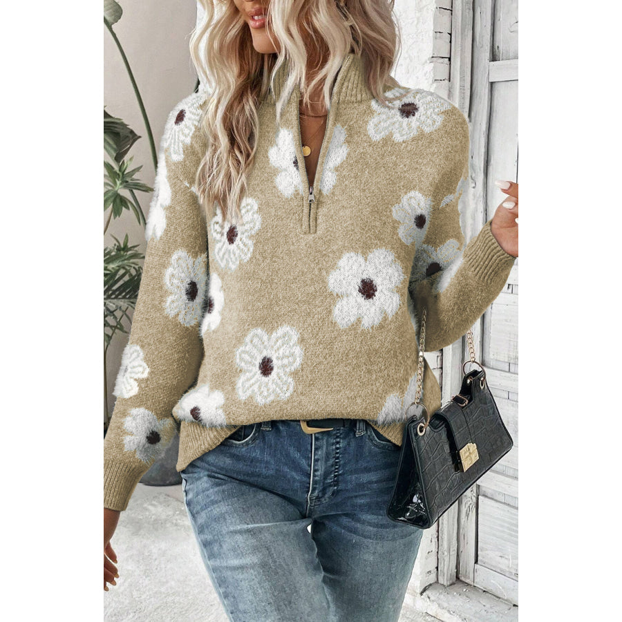 Gray Floral Pattern Half Zip Drop Shoulder Sweater Khaki / S / 42% Acrylic + 30% Polyester + 28% Polyamide Sweaters & Cardigans/Sweaters