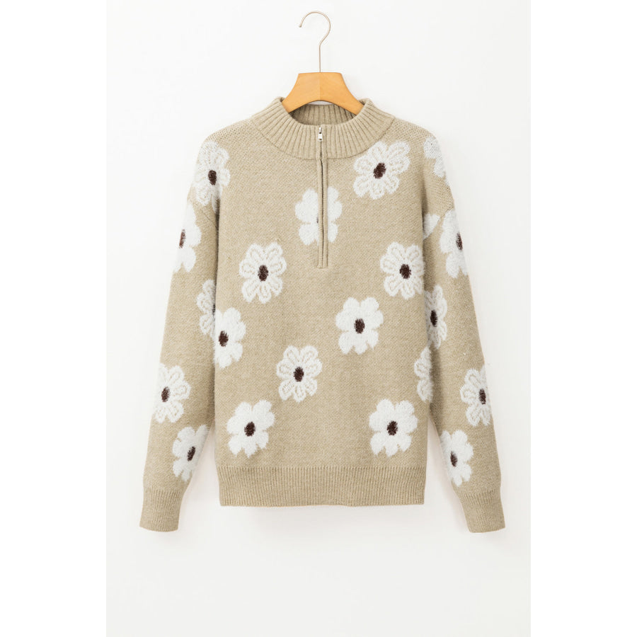 Gray Floral Pattern Half Zip Drop Shoulder Sweater Sweaters & Cardigans/Sweaters