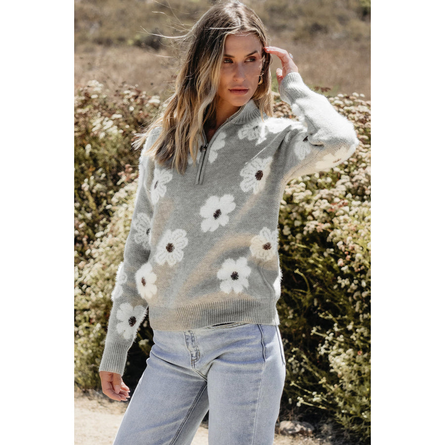 Gray Floral Pattern Half Zip Drop Shoulder Sweater Sweaters & Cardigans/Sweaters