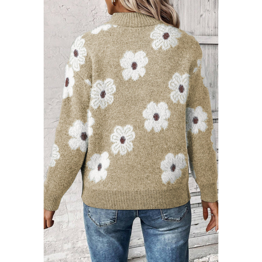 Gray Floral Pattern Half Zip Drop Shoulder Sweater Sweaters & Cardigans/Sweaters