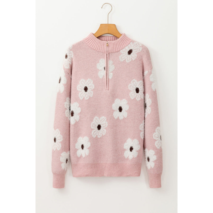 Gray Floral Pattern Half Zip Drop Shoulder Sweater Sweaters & Cardigans/Sweaters