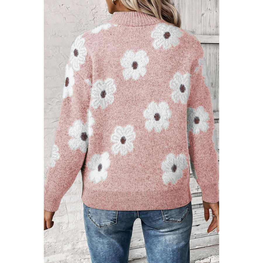 Gray Floral Pattern Half Zip Drop Shoulder Sweater Sweaters & Cardigans/Sweaters
