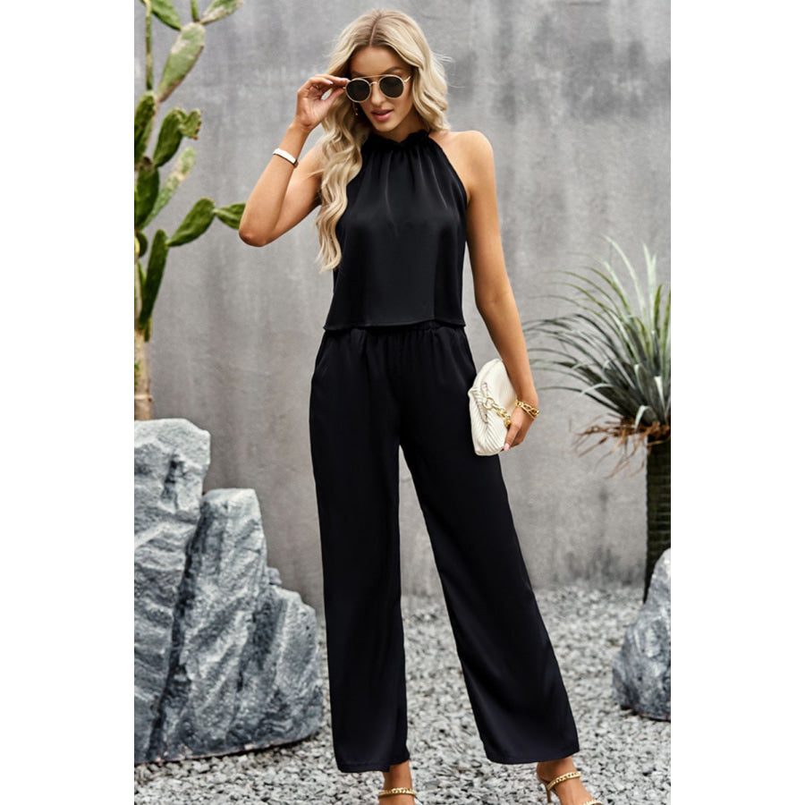 Grecian Neck Sleeveless Pocketed Top and Pants Set