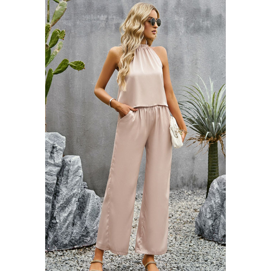 Grecian Neck Sleeveless Pocketed Top and Pants Set