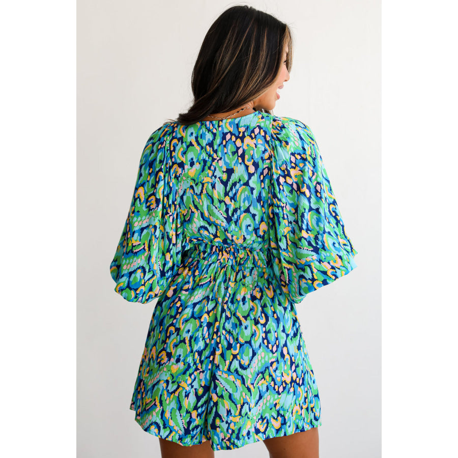 Green Abstract Print Puff Sleeve V Neck High Waist Romper Bottoms/Jumpsuits & Rompers