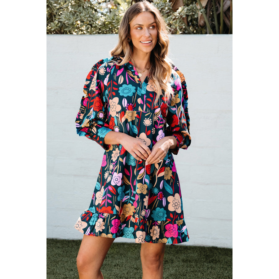 Green Floral Print Puff Sleeve Ruffled Mini Dress Dresses/Floral Dresses