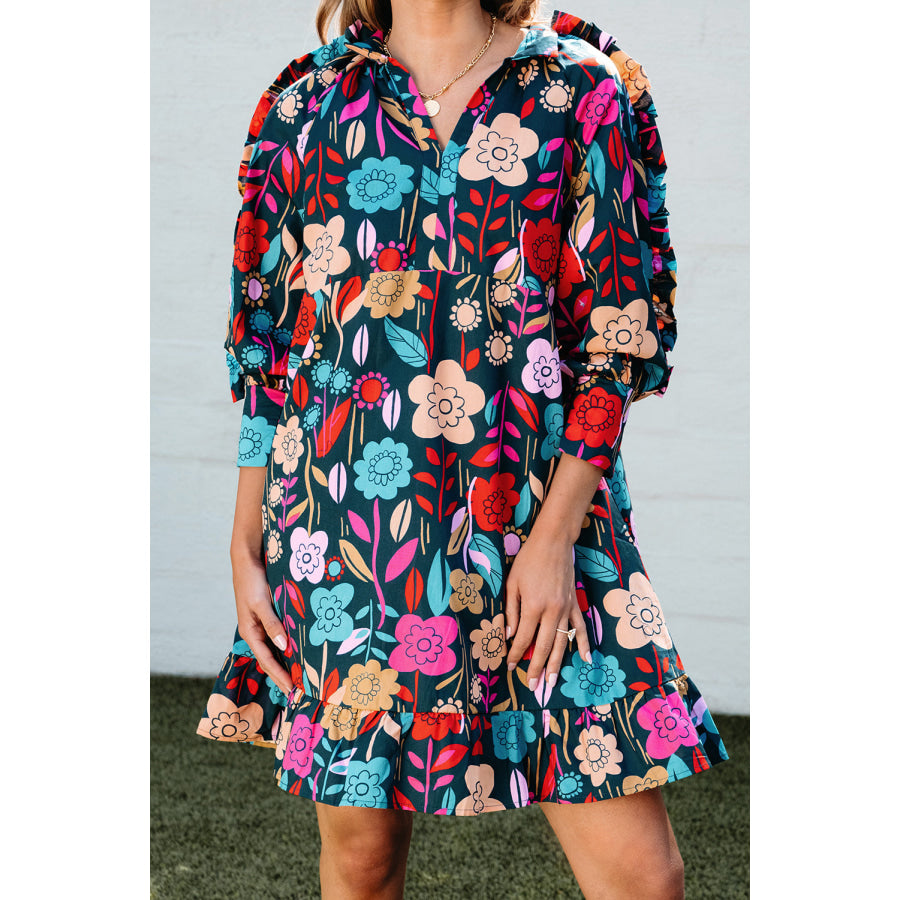 Green Floral Print Puff Sleeve Ruffled Mini Dress Dresses/Floral Dresses