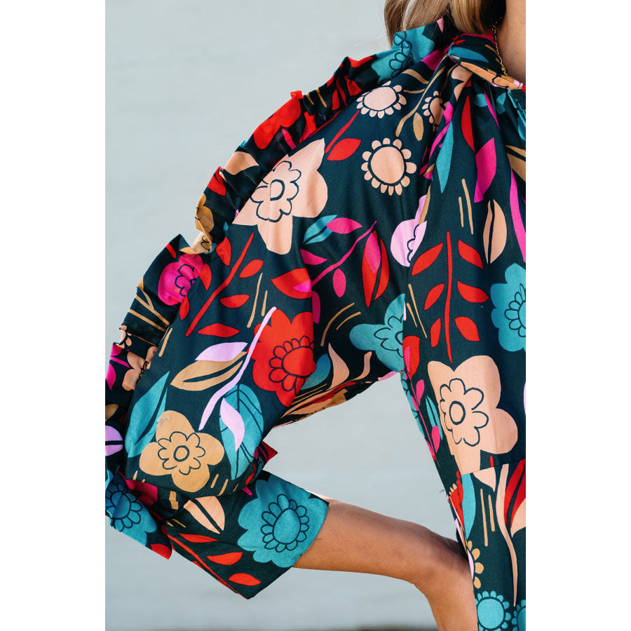 Green Floral Print Puff Sleeve Ruffled Mini Dress Dresses/Floral Dresses