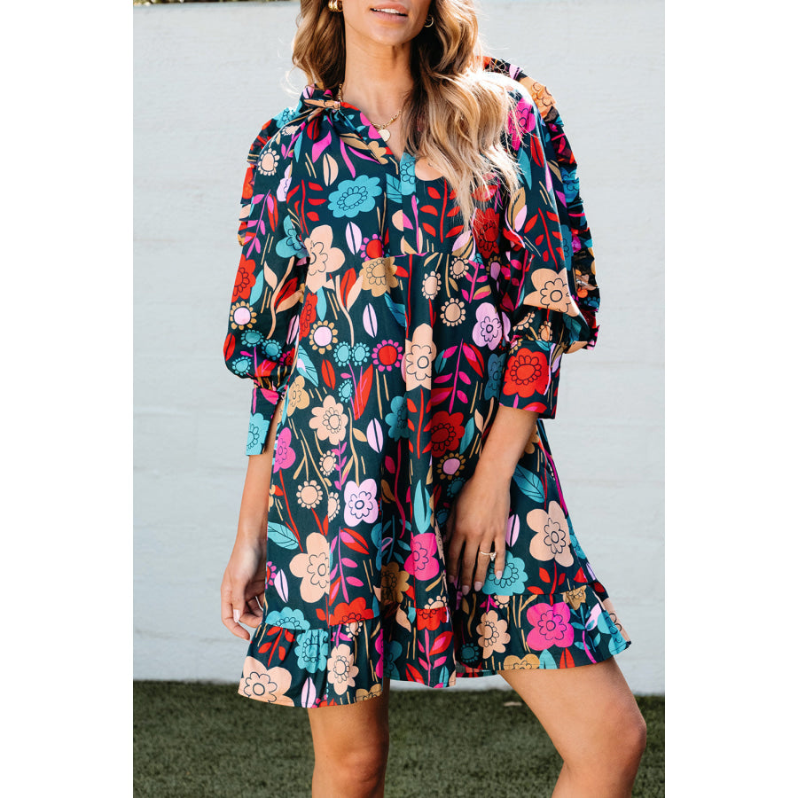 Green Floral Print Puff Sleeve Ruffled Mini Dress Dresses/Floral Dresses