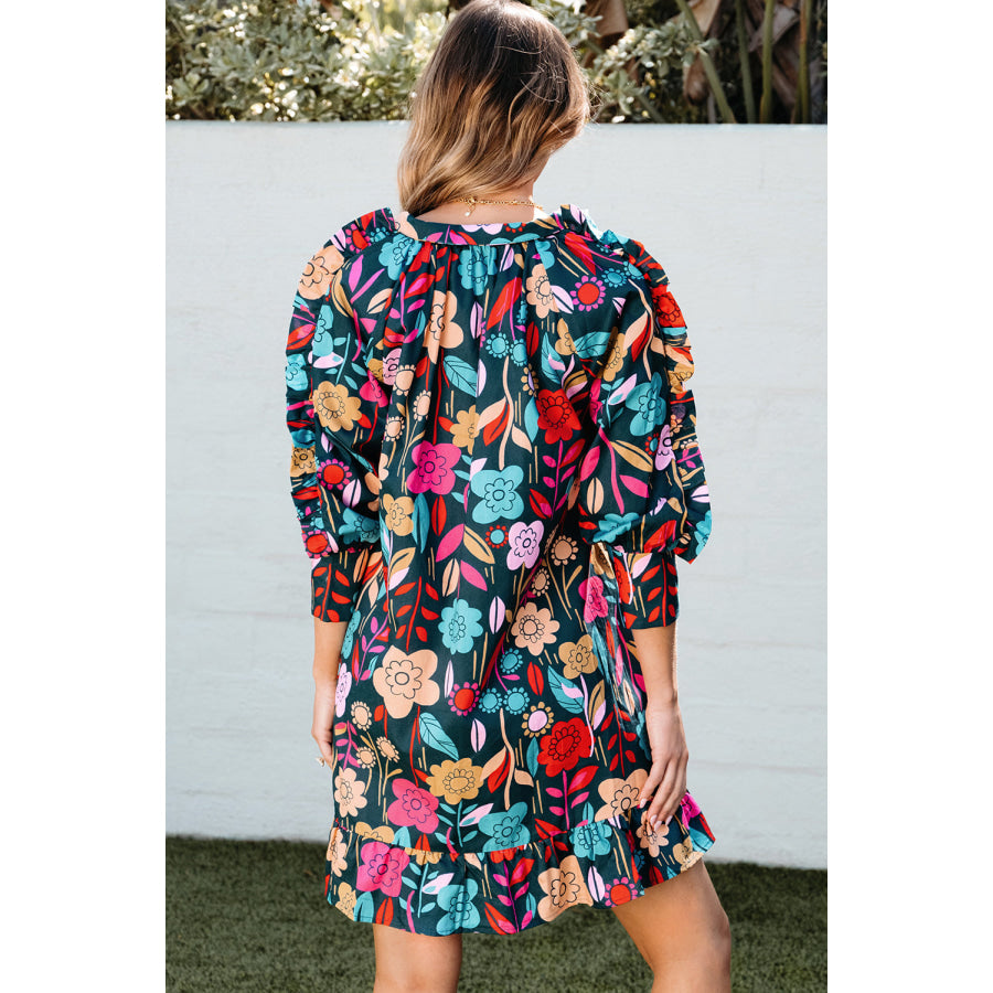 Green Floral Print Puff Sleeve Ruffled Mini Dress Dresses/Floral Dresses